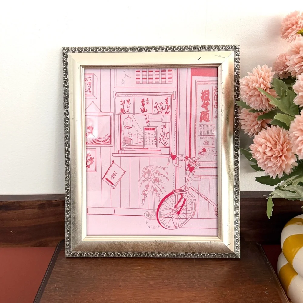 Japanese Kyoto City Bicycle Pink Drawing Canvas Art Print Silver Framed Art